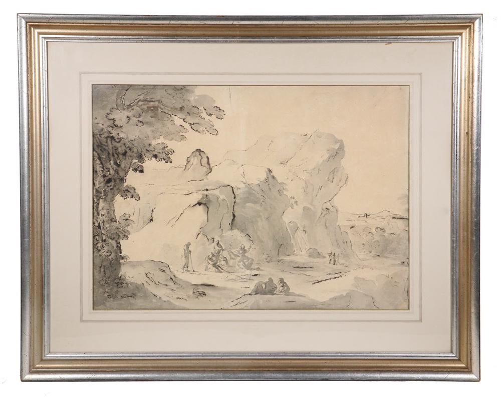 ANTONIO BASOLI (ITALY, 1774-1848): Travelers in a Mountainous Landscape, a monochromatic study in brush and ink, name inscribed on back of paper "Ant. Basoli di Bologna", in a gold and silver molded frame, French-lined mat, glazed, OS: