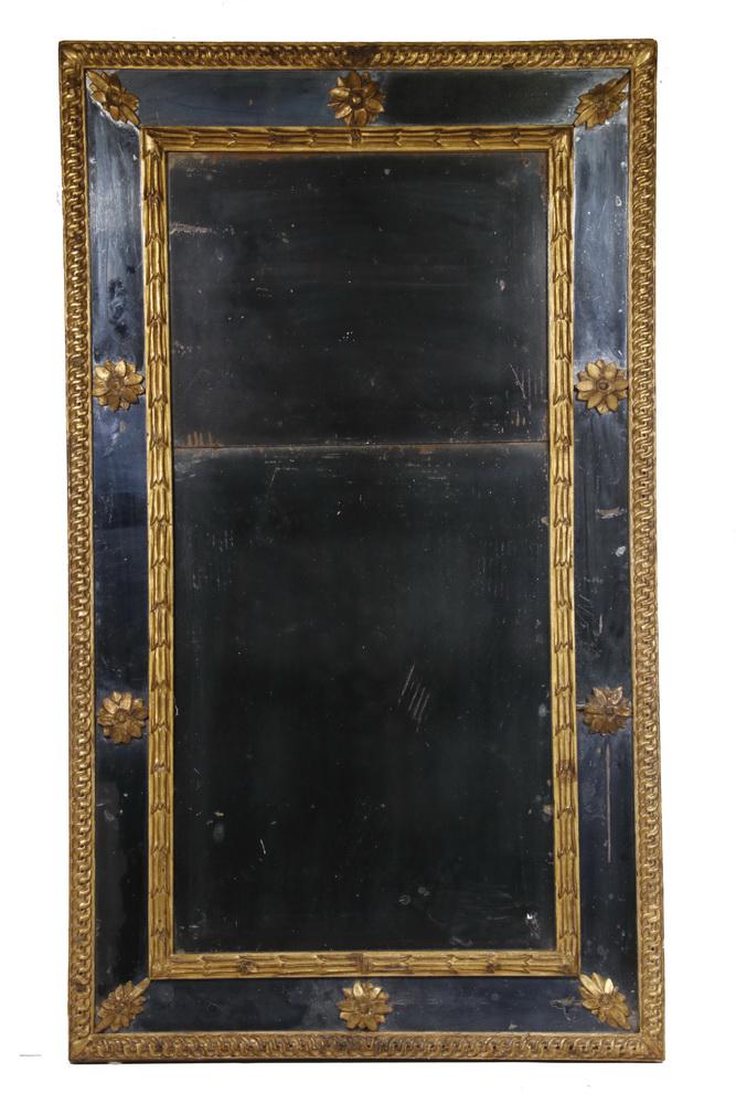 FRENCH HALL MIRROR: Louis XV Large Carved and Gilt Framed Mirror, retaining the original glass, having a two-part glass center, surrounded by mirrored frame, with floral rosette spacers, and outer rope border, 60" x 35 1