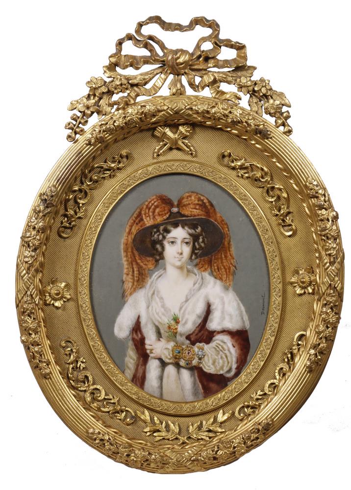 FRENCH MINIATURE PORTRAIT OF AN ELEGANT LADY, SIGNED: Oval Portrait of a Beautiful Woman in a broad brimmed feather bedecked hat, a white fur trimmed cape and a set of three jeweled gold bracelets over her white silk sleeve, a bouquet at her low decollet