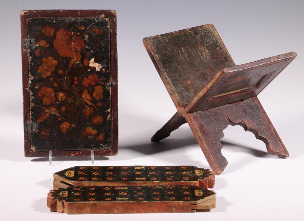 (4 PCS) 19TH C. PERSIAN LACQUERED ITEMS: (4) Persian Qajar Lacquered Accessories, including: Lacquered papier mache mirror case, with floral and bird decoration to front and back, rectangular shape with hinged door and latch, lid interior wi