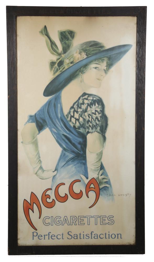 TOBACCO SHOP BROADSIDE IN ORIGINAL FRAME: "Mecca Cigarettes, Perfect Satisfaction", color lithograph of a beautiful woman in a picture hat, viewed from behind, by F. Earl Christy (NY, 1882-1961), circa 1905, in the original fumed oak mitered