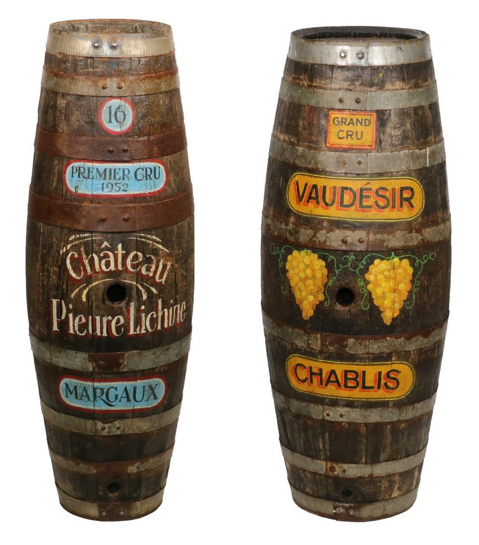 (2) FRENCH ANTIQUE WINE CASKS: Lot includes: Wine Cask painted with "Premier Cru, 1952 Chateau Pieure (sic) Lichine, Margaux", 44" x 14 1/2" diam.; PLUS Wine Cask painted with "Grand Cru, Vaudesir Chablis", with two bunches of yell