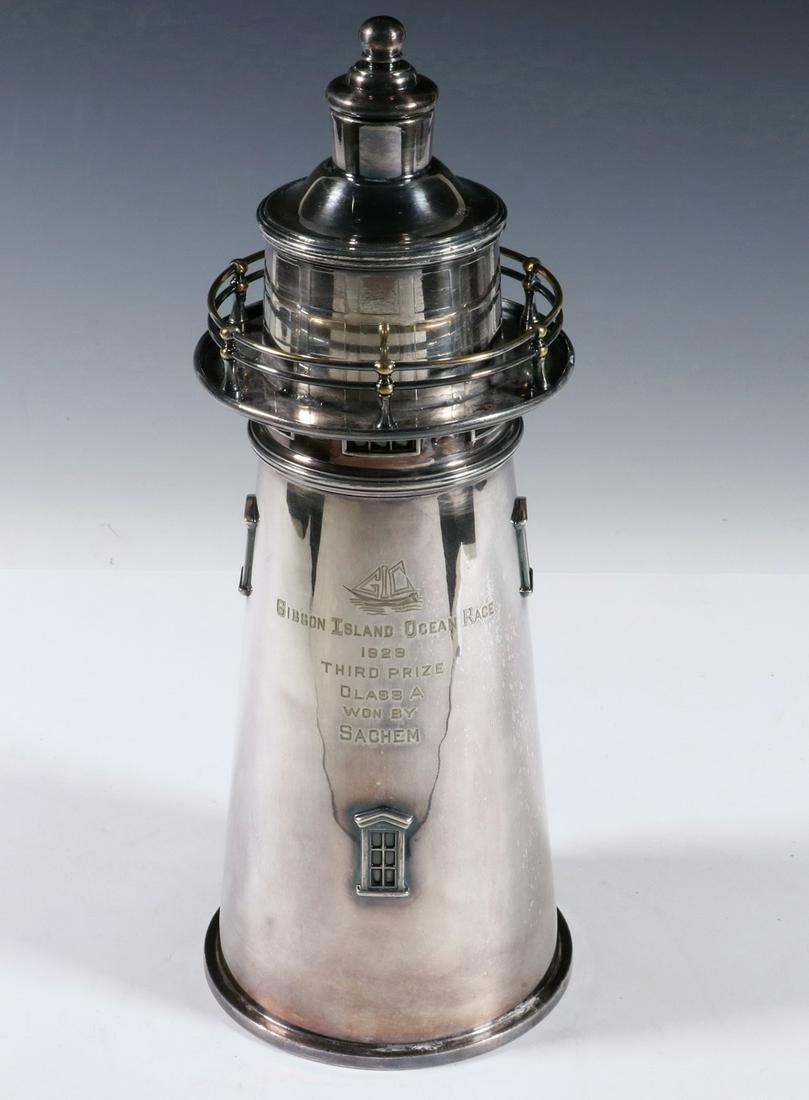 SILVER-PLATED LIGHTHOUSE FORM COCKTAIL SHAKER: Early 20th c. Lighthouse Form Cocktail Shaker by Meriden Silver Plate Co. (Meriden, CT), #343, engraved "Gibson Island Ocean Race, 1929, Third Prize, Class A, Won by Sachem, Meriden S.P. Co., 343, Pat