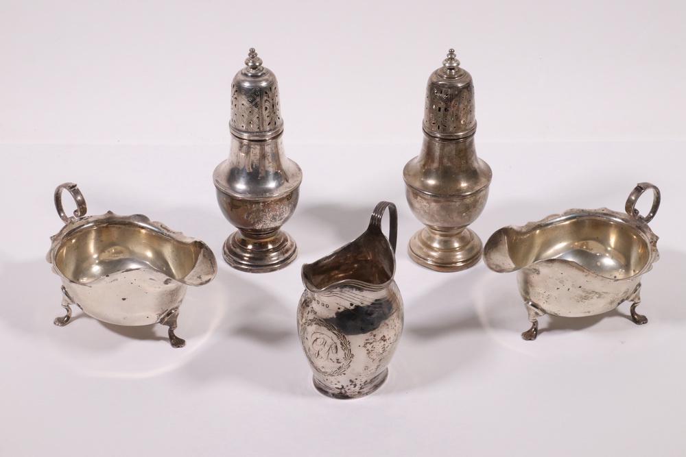 (5) ENGLISH STERLING SERVING ITEMS: Group of (5) English Silver Table Accessories, including: Pair of sauce boats by Barker Brothers (Herbert E. and Frank E.), Chester, 1919, with flying scroll handles, flared scalloped rims and trifid