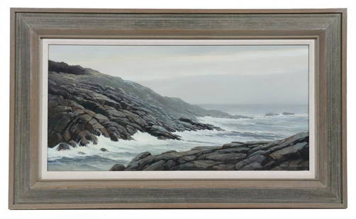 A. HALE JOHNSON (MA, 1937 - ): Granite Maine Coast, oil on Masonite, signed lower right, in a faux driftwood frame with white liner, OS: 15" x 25", SS: 9 1/2" x 19 1/2". Fine condition.