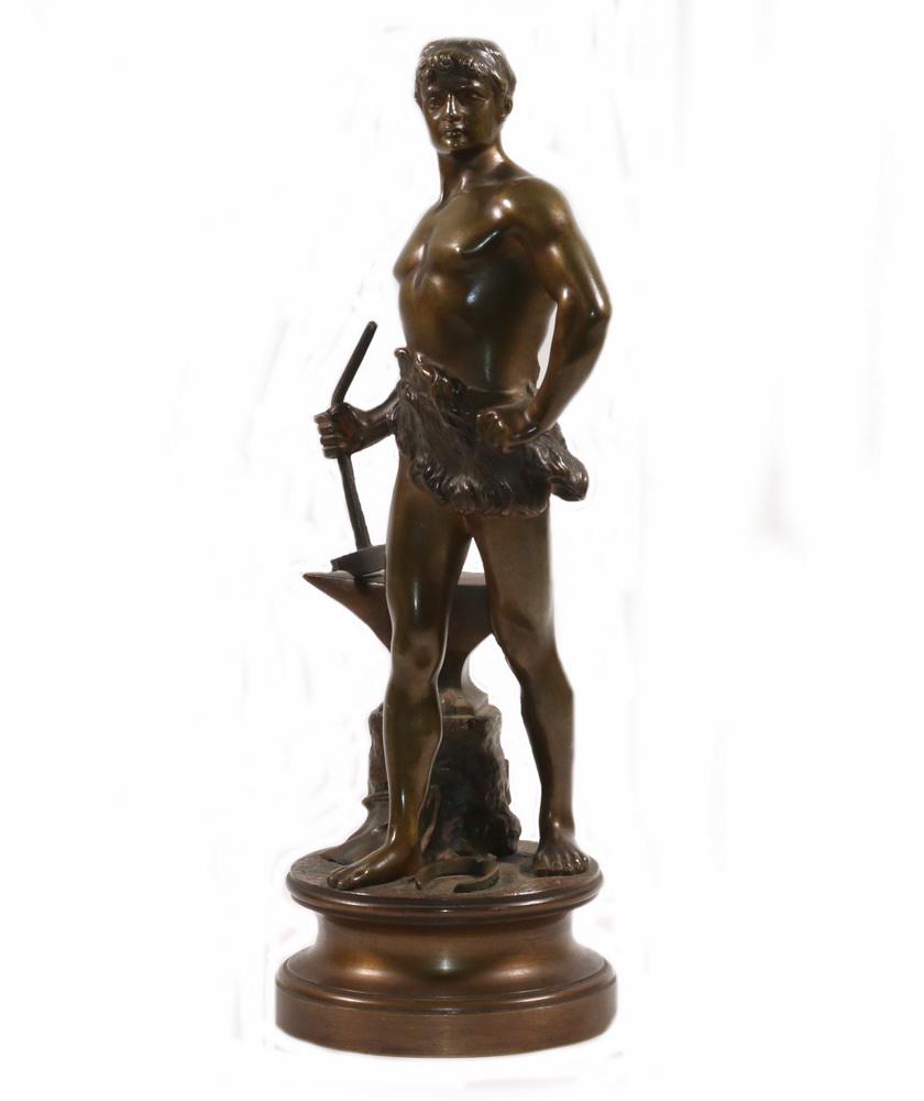 MAURICE JOSEPH CONSTANT (FRANCE/ISRAEL, 1892-1970): "Le Travail", cast and patinated bronze, signed on the back of the anvil stand, also stamped "Marcel Guillimard" and "Bronze", 12" tall. Bend to hammer handle.