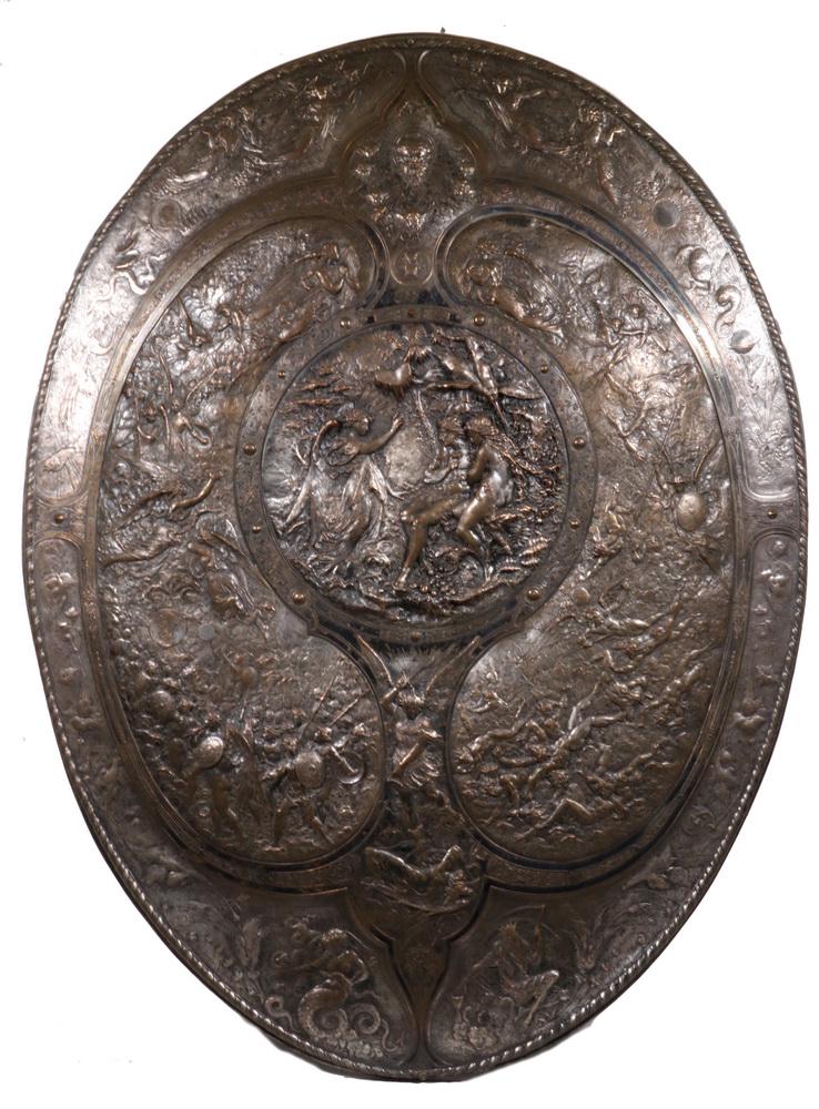 VICTORIAN REPLICA OF THE MILTON SHIELD BY ELKINGTON: LÃ©onard Morel-Ladeuil (French, ca. 1820â€“1888) for Elkington & Co. (British, Birmingham, 1829â€“1963). Morel-Ladeuil worked for Elkington from 1859 after serving his apprenticeship in Fr