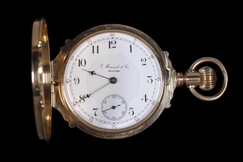 E. HOWARD SERIES VI POCKET WATCH: E. Howard Series VI Pocket Watch 18S, in 14K yellow gold hunter heavy box case, white face with Roman numerals. Movement #230085, case #57394. Safely stored in safe deposit box for many years.