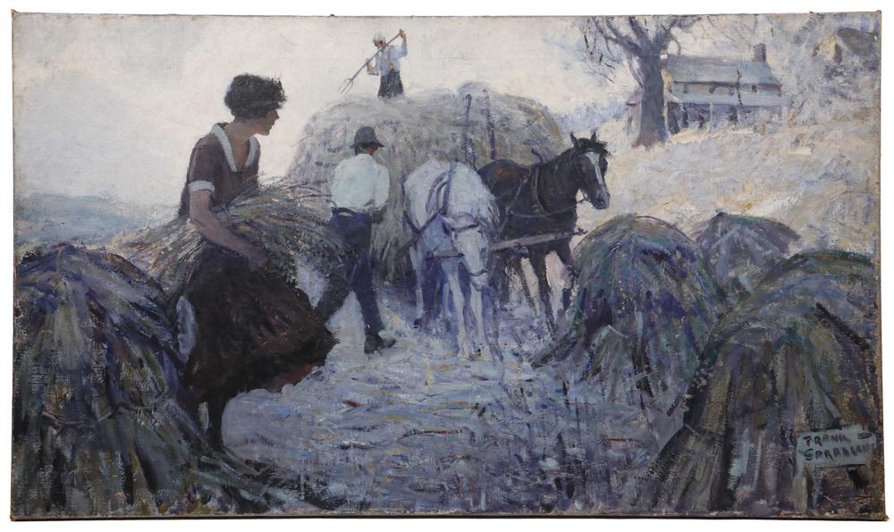 FRANK SPRADLING (NY/NJ/IN, 1885-1972): "Fighting Blood", oil on canvas, signed lower right, titled verso and inscribed "Unscheduled for C.C., Send to Mr. Kohler", depicting a woman working at haying with two men as night approaches, the fa