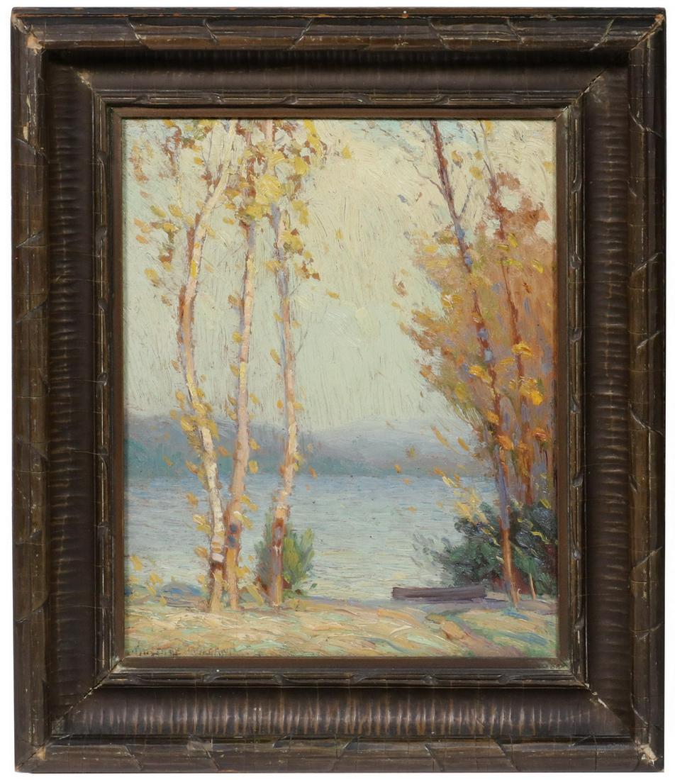 GUSTAV A. WIEGAND (NY, 1870-1957): "Birches, Blue Mountain, NY", oil on hardboard, signed lower left, Salamagundi Club label verso, in th original deep cover ribbed gold frame, OS: 13 3/4" x 11 3/4", SS: 9 3/4" x 7 3/4". Good condition
