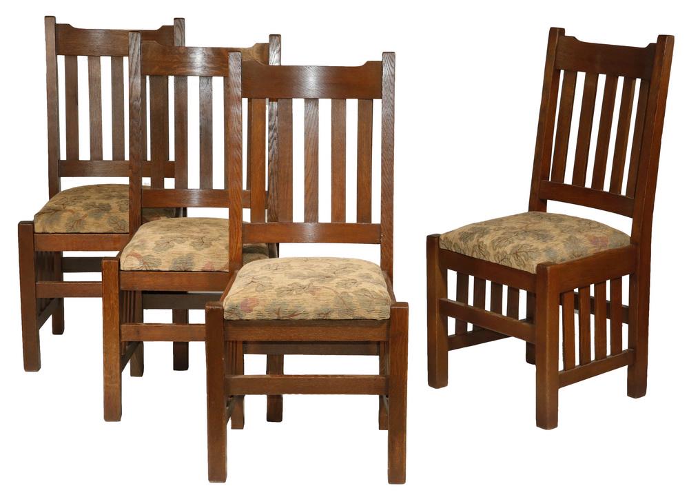 (SET OF 4) L&JG STICKLEY DINING CHAIRS: Quarter Sawn Golden Oak Chairs with shaped rail, five slat backs and four slat lower frame sides, oak leaf pattern upholstery, 18" seats, 38" backs, 18 1/2" x 17". Good condition.