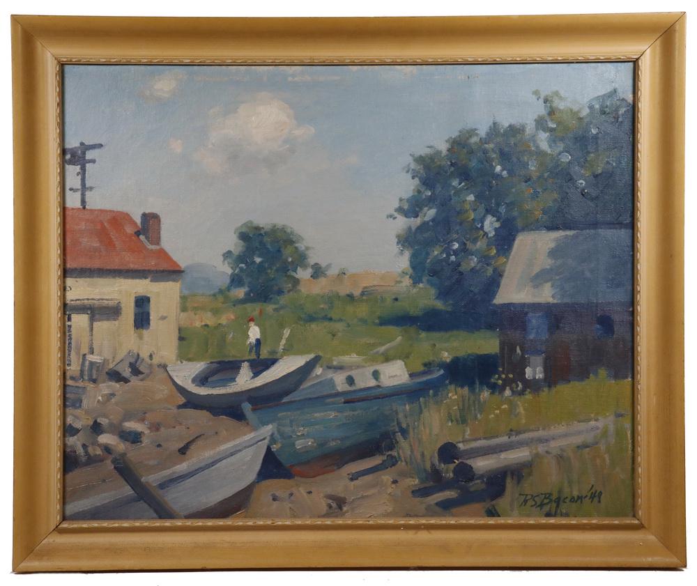 ROBERT SEARS BACON (MA, 1897 - ?): Rockport Boatyard, oil on canvas, signed lower right and dated '49, in ochre painted ogee frame, OS: 23 1/2" x 28 1/2", SS: 19 1/2" x 24 1/2". Good condition.