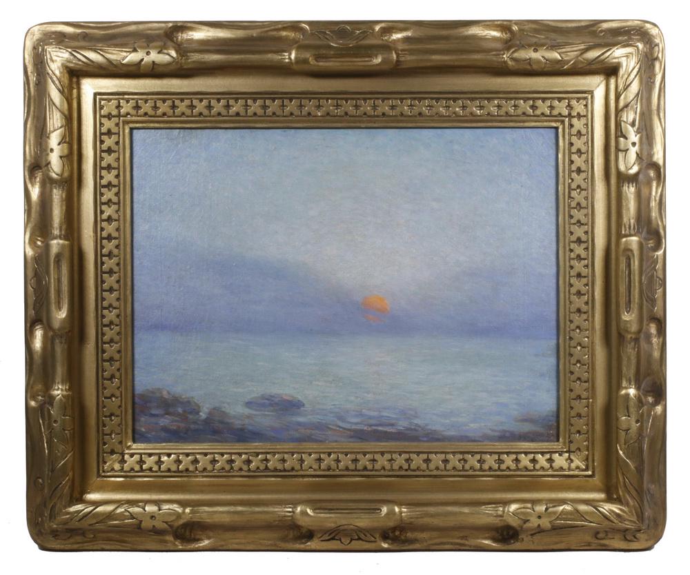 HOWARD BONNELL SPENCER (NY/NJ, 1888-1967): Sunrise, Maine Coast, oil on board, signed lower left, in hand carved gilt Arts & Crafts frame, OS: 19" x 23", SS: 11 1/2" x 15 1/2". Fine condition.
