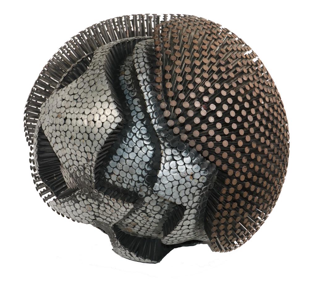 OLUF GRAVESEN (NETHERLANDS, 1943-1987): Untitled, a spherical sculpture comprised of welded common head nails, in silver and bronze paint, not on a stand. 16" diam.
