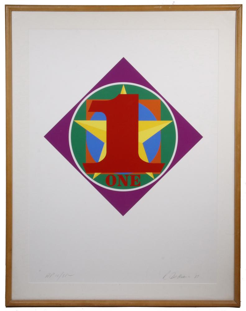 ROBERT E. (CLARK) INDIANA, (NY/ME/IN, 1928-2018): "One" (from the American Dream portfolio), serigraph on paper, signed and dated '87, numbered AP 10/50, in a maple box bullnose frame, museum mount, floated within mat, under UV plexiglas, OS: 41" x 3