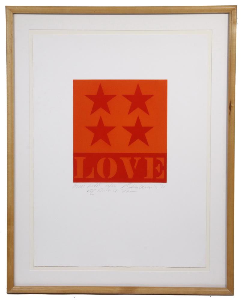 ROBERT E. (CLARK) INDIANA, (NY/ME/IN, 1928-2018): "First Loves", pencil signed, titled, dated '91, numbered 10/66, inscribed "For Doug and Jan", in a maple box bullnose frame, museum mount, floated within mat, under UV Plexiglas, OS: 33 1/4" x 26 1/4