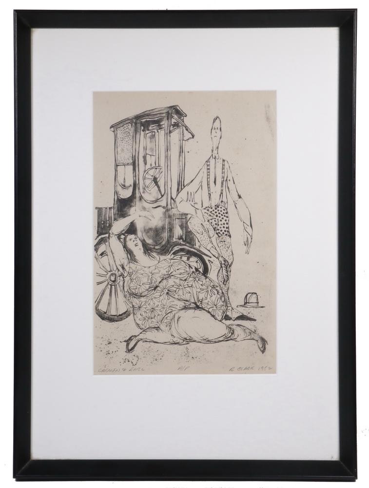 ROBERT E. (CLARK) INDIANA (NY/ME/IN, 1928-2018): "Carmen & Earl", aquatint etching on paper, artist's proof; signed, dated 1952, titled and marked A/P in pencil in the lower margin, a comic depiction of his parents done in his third year at the Scho