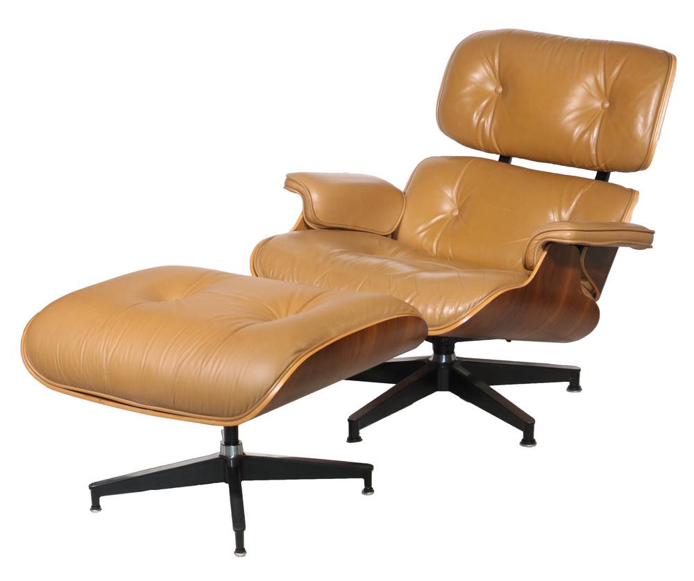 EAMES CHAIR WITH OTTOMAN IN TAN LEATHER: Late 20th c. Herman Miller made Eames Set, in buttery soft caramel colored leather, exotic bentwood frames, the chair on a five-legged aluminum base, the ottoman with four legs, label on underside. Th