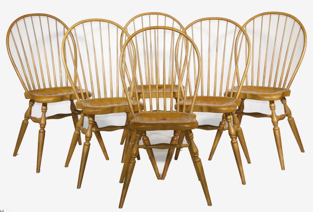 (SET OF 10) WINDSOR CHAIRS BY CONTEMPORARY: Classic New England Hoop Back Windsor Armchairs in oak, ash and pine, branded by the maker on the underside, with faux aged finish and fatiguing, having an eight spindle back, shaped and bodged seat,