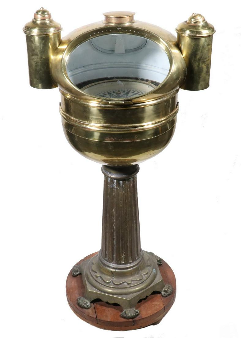 ITALIAN BRASS SHIP'S BINNACLE: Circa 1900 Hooded Binnacle with both oil lamps intact, with a gimballed dry-mount compass marked "Serfino Ferro Idrografo della Regia Marina e Macchinista della Real Scuolo" and stamped "863-F" on the