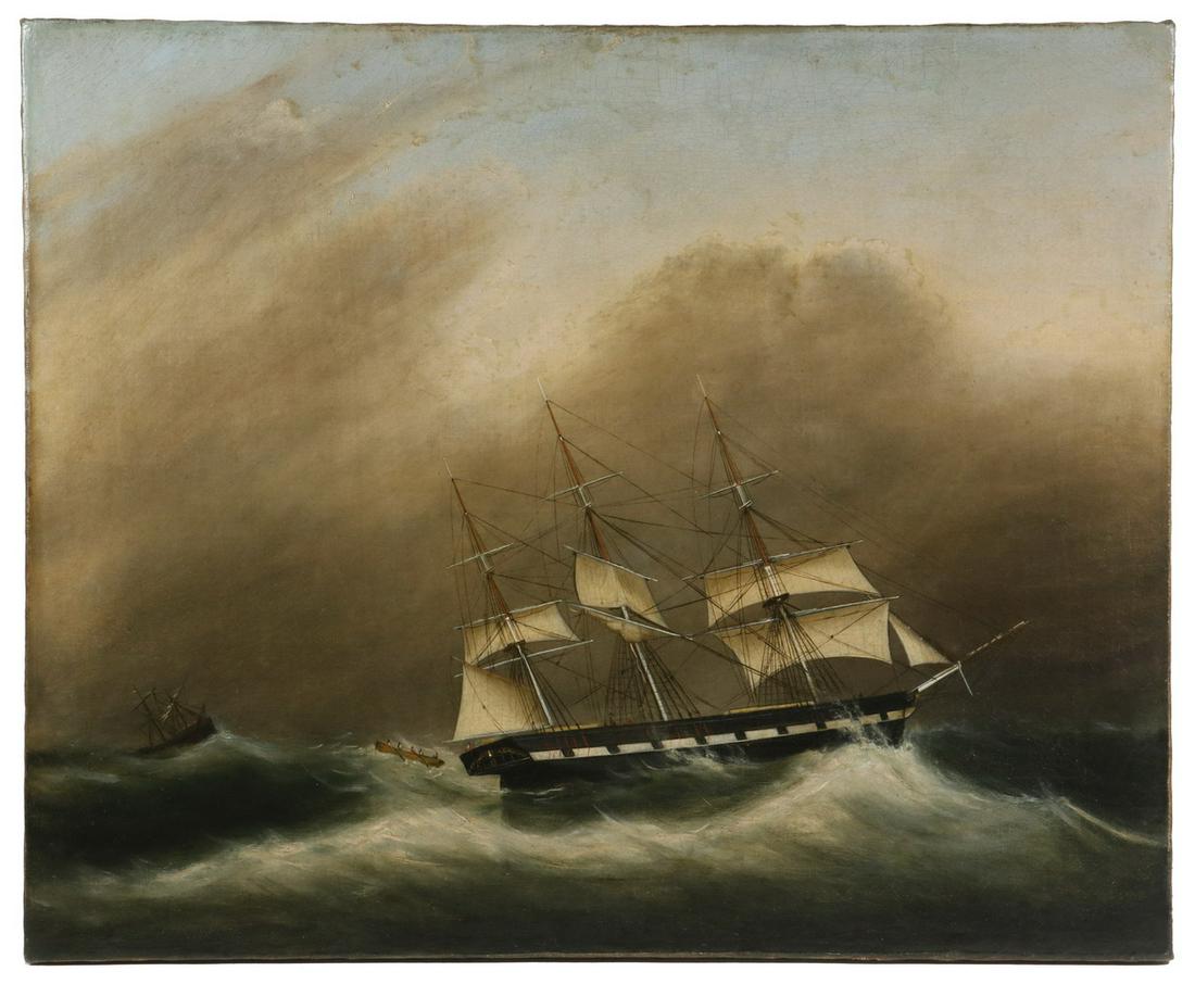 CLEMENT DREW (MA, 1806-1889): Ship in Storm Sending Longboat to Rescue Crew of Foundering Ship, oil on canvas, unsigned, unframed, 22" x 27". Relined, repaired puncture, inpainting.
