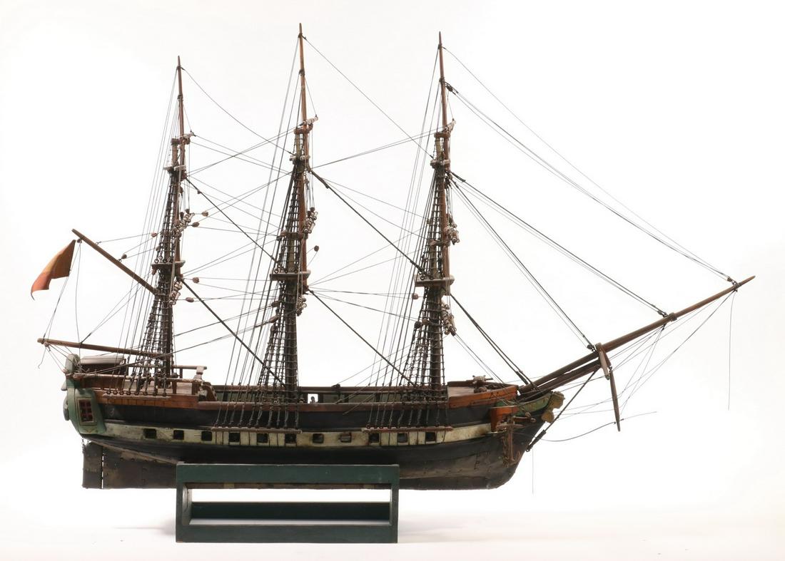 19TH C> SHIP MODEL "FOUDROYANTE": 19th c. Fully Rigged Painted Wooden Ship Model of 26-gun frigate flying a French flag. The name "Foudroyante" on its stern. This finely crafted model includes carved details, metal anchors and chains,
