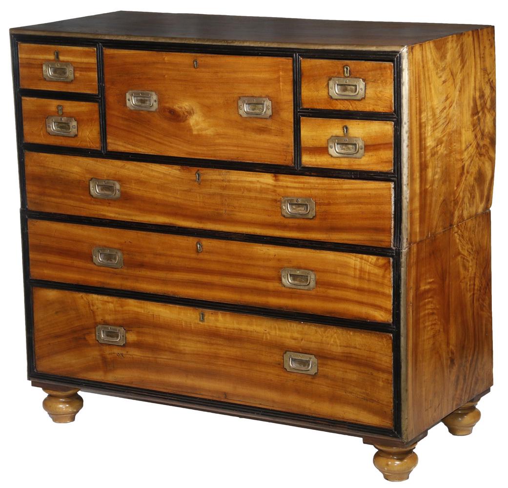 TWO-PART CAMPHORWOOD CAMPAIGN CHEST: Early 19th c. Chinese Camphorwood Brass Bound 2-Part Campaign Chest, brass bullnose front edging and channeled bullnose trim surrounding drawers, flush mounted brass drawer pulls, and brass lock escut