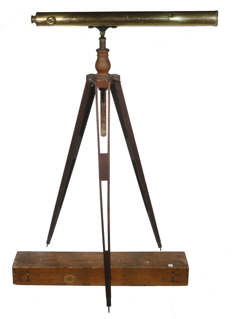 BARDOT & SONS, PARIS BRASS TELESCOPE IN CASE WITH: Three Tube Brass Telescope, with manual pull and secondary geared advance, 38" main tube with 3" objective, marked by maker on the upper rim, cambered stem mounted in wooden case, with original all ma