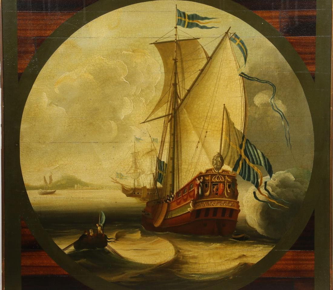 ALEXSEN (20TH C. SWEDEN): 17th c. Royal Swedish Warship in the Baltic Sea, oil on mahogany panel, painted in the style of the period, unsigned, artist identified verso, Dutch gold slat frame, OS: 32" square, SS: 31 1/4" square