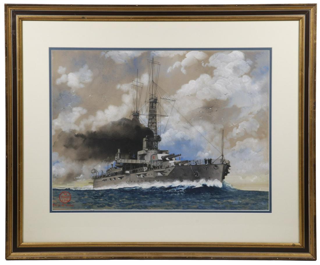 FREDERICK LEO HUNTER (NY, 1858-1943): WWI Battleship USS Texas (BB-35) underway beneath a cloudy sky, gouache on paper, initialed lower left "F.L.V.H. DEL." and in a circle "TO R.O.H., 1915", in gold and black molded frame, matted and gla