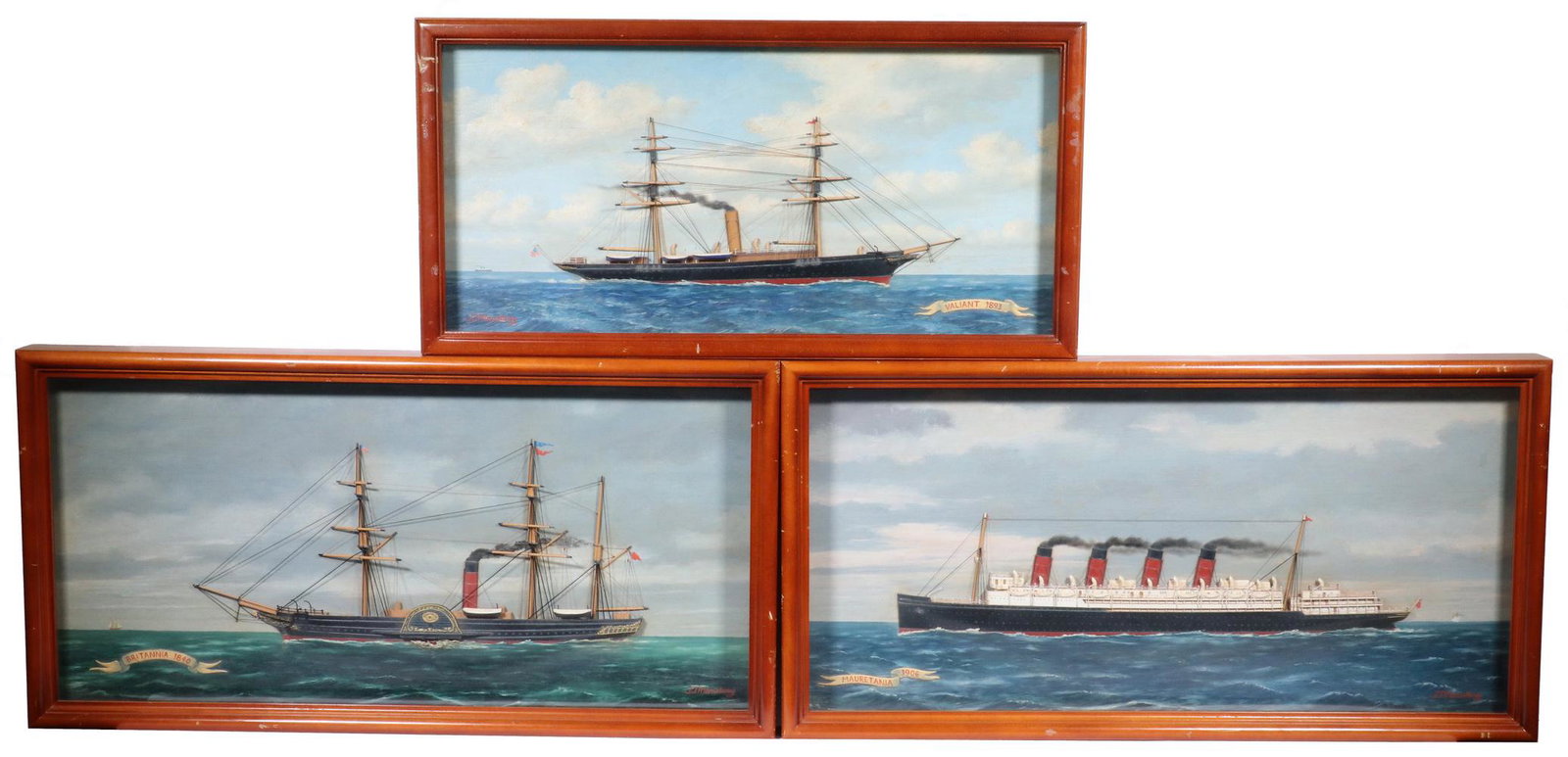 JOAQUIM J. MARISTANY (ME, 1935 - ): (3) Contemporary Ship Dioramas, including: "Britannia, 1840", diorama with oil painting of the sidewheeler, first to cross the Atlantic in July of 1845, signed lower right, in mahogany shadowbox frame