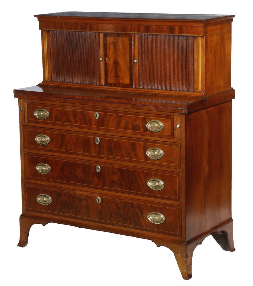 TAMBOUR DESK: Hepplewhite Mahogany Tambour Desk, Boston or Northshore, MA, c. 1780-1800, upper section with central inlaid door flanked by sliding tambours with satinwood inlaid columns, nicely appointed multi-draw