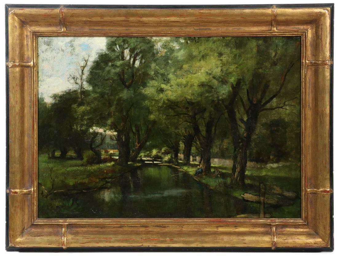 GEORGE WILLIAM WHITAKER (RI/NY/MA, 1841-1916): Barbizon Style Landscape with large trees flanking canal, man fishing, oil on canvas, signed lower right and dated 1880, housed in what is probably the original hand carved gilt frame, OS: 20" x 27",
