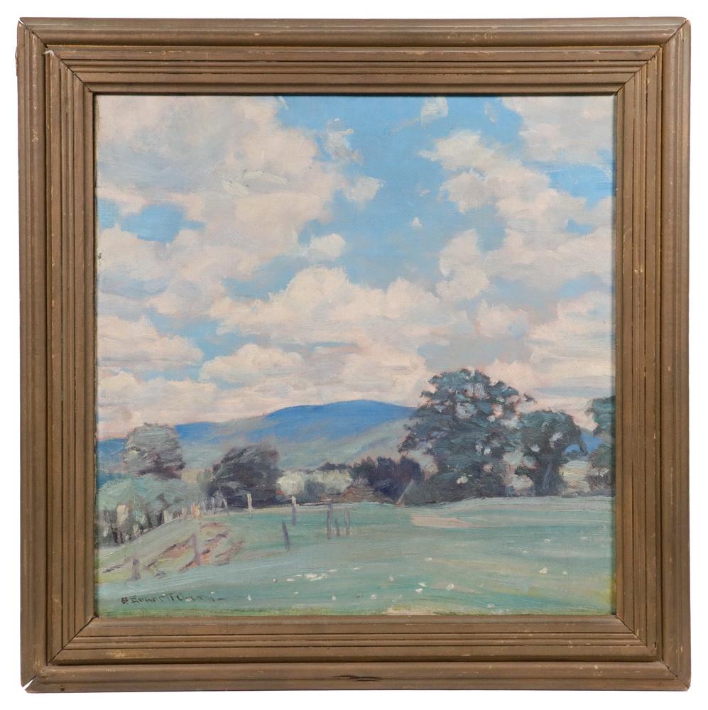 ROBERT EMMETT OWEN (NY/CT/MA, 1878-1957): "Clouds and Hills at Sheffield, Mass.", oil on canvas, signed lower left, signed and titled verso with artist's address of 687 Madison Ave, NYC. Housed in the original gold painted molded panel frame,
