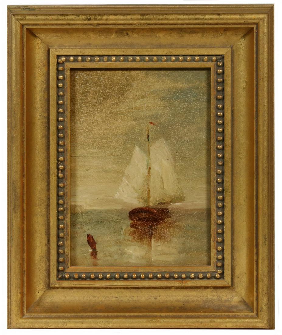RALPH ALBERT BLAKELOCK (NY/CA, 1847-1919): Sailboat, oil on canvas laid over panel, unsigned, with label verso 'University of Nebraska Blakelock inventory number 308', in replica gold metal leaf cove form frame, OS: 10 1/2" x 8 1/2", SS: 6 1/2