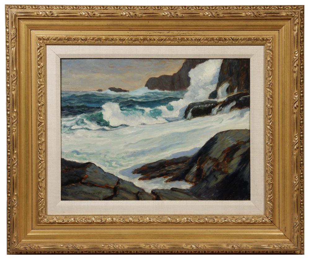 ROBERT HENRI (NY/PA/OH, 1865-1921), IN THE MANNER OF: "Monhegan Waves, Sept 23, 1911", oil on artist's board, signed lower left and dated 1911, full date written in artist's hand verso, marked on back with Christie's stamp and inventory number. Housed in