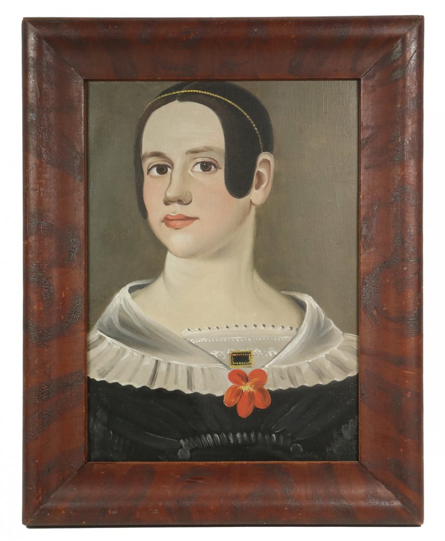 PRIOR HAMBLIN SCHOOL: Portrait of Miss Ann M. Washburn of Andover, Mass., oil on cardstock, unsigned, in period paint descorated frame , OS: 15" x 11", SS: 13 1/2" x 9 1/2". Cleaned and varnished, minor touch up. Includes 