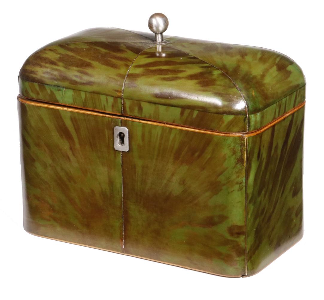 GREEN TORTOISESHELL TEA CADDY: Rare Early 19th c. English Green Tortoiseshell Tea Caddy, rectangular shape with rounded corners and domed lid, silver stringing with silver lock escutcheon (with key), silver-plated lid finial, inter