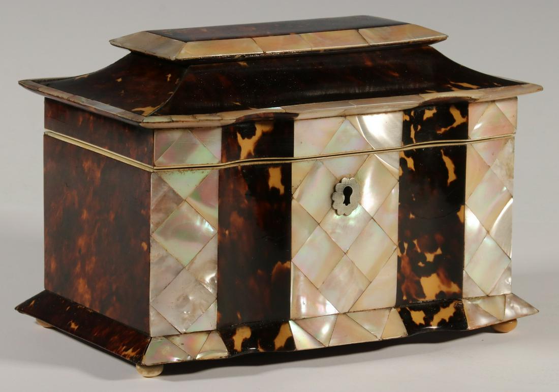 MOTHER-OF-PEARL & TORTOISESHELL TEA CADDY: English Regency Era Tortoiseshell and Mother-of-Pearl Tea Caddy, early 19th c., pagoda form with serpentine front, the concave panels and the lid inset with tortoiseshell, and the sides and back with 
