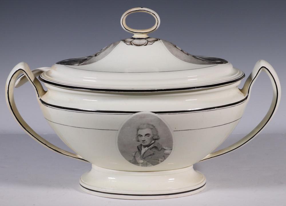 LIVERPOOL CREAMWARE LORD NELSON LIDDED TUREEN & LADLE: Circa 1805 English Liverpool Creamware Soup Tureen & Ladle, with black transfer printed image of Admiral Horatio Lord Nelson, tureen stamped 'Herculaneum' on base, 10" high, 14" x 8 1/4". Restoration