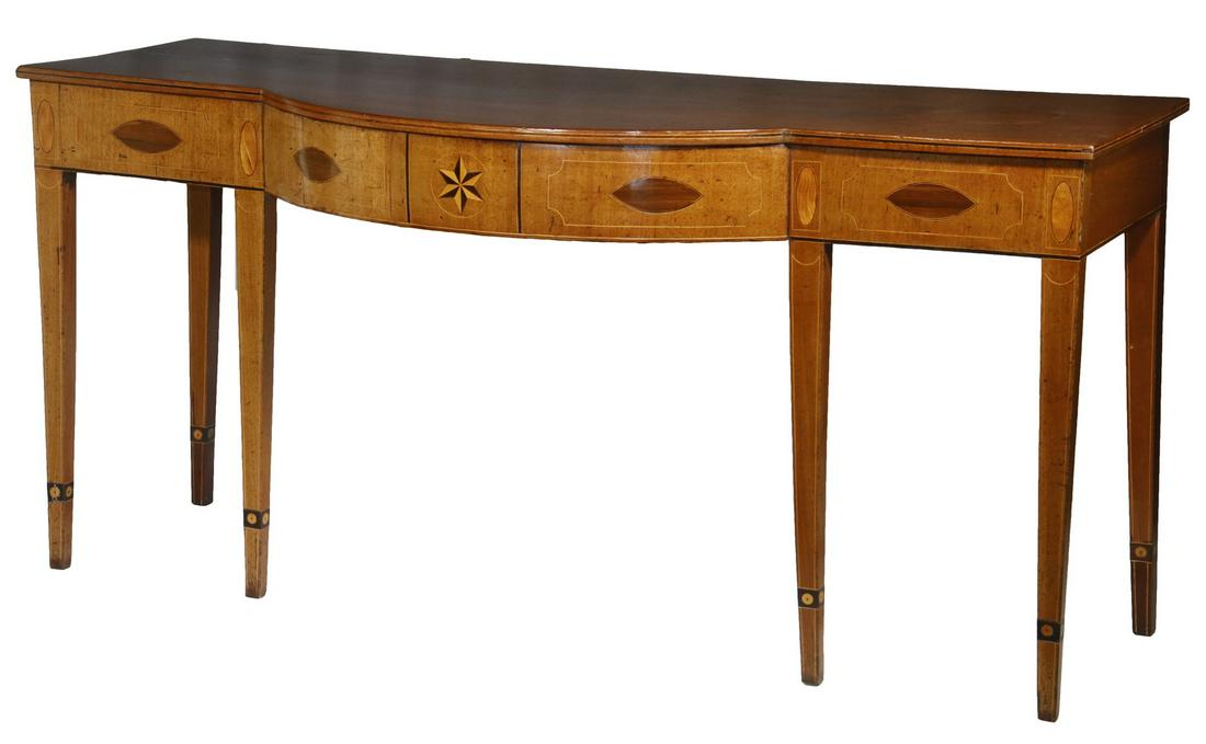 HEPPLEWHITE INLAID HUNTBOARD: English George III Period Hepplewhite Inlaid Mahogany Server, c. 1790, with demilune shape front extension, overhanging top with string inlaid edge, frieze with string inlaid panels centered by star a