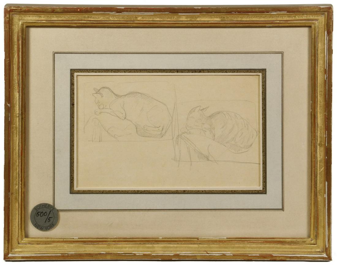 ELSIE MARION HENDERSON (UK, 1880-1967): "Two Studies of a Cat, Dozing and Awake", pencil on paper, unsigned, with Sotheby's sticker, titled and artist identified on one label verso from Davis & Langdale Company, Inc. of 746 Madison, Avenue,