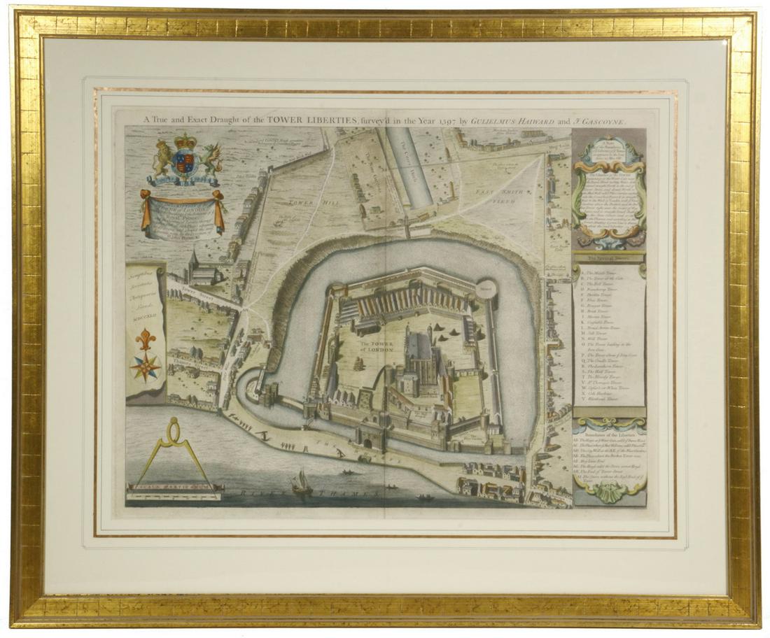 RARE 18TH C. MAP OF THE TOWER OF LONDON IN TUDOR TIMES: "A True and Exact Draught of the Tower Liberties, survey'd in the year 1597 by Gulielmus Haiward and J. Gascoyne", 1742, hand colored copper engraving, in modern gold panel frame, under French lined m