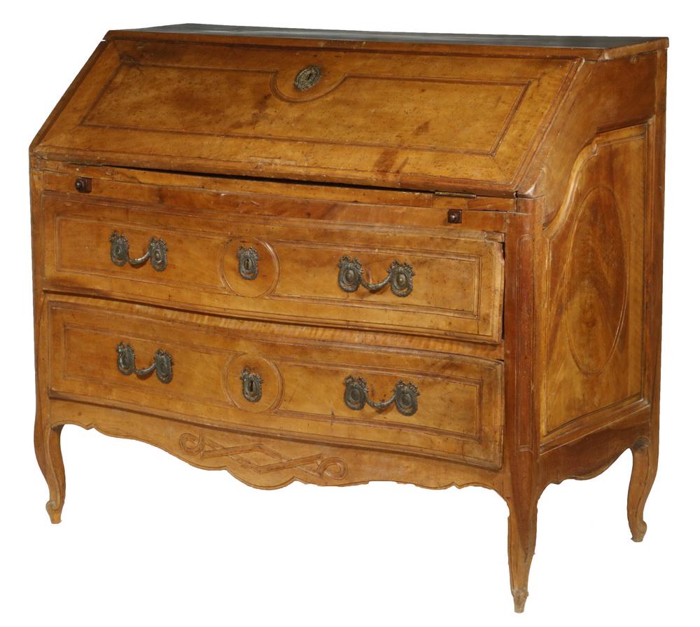 18TH C. FRENCH PROVINCIAL DESK: Slant Lid Serpentine Desk, with fitted interior, two conforming molded edge drawers having inset thumb carving, ornate cast bronze pulls and lock escutcheons, paneled serpentine sides, beaded edge sha