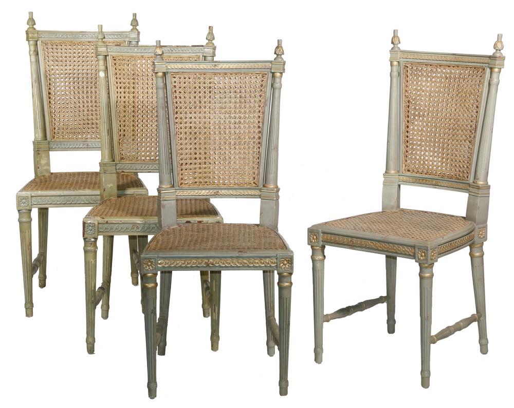 (10) LOUIS XVI STYLE DINING CHAIRS: Set of (10) Louis XVI Style Caned Dining Chairs, mid-20th c., with distressed painted surface, caned seats and back panels, reeded stiles, carved floral corner medallions, scrollwork top rail and fron