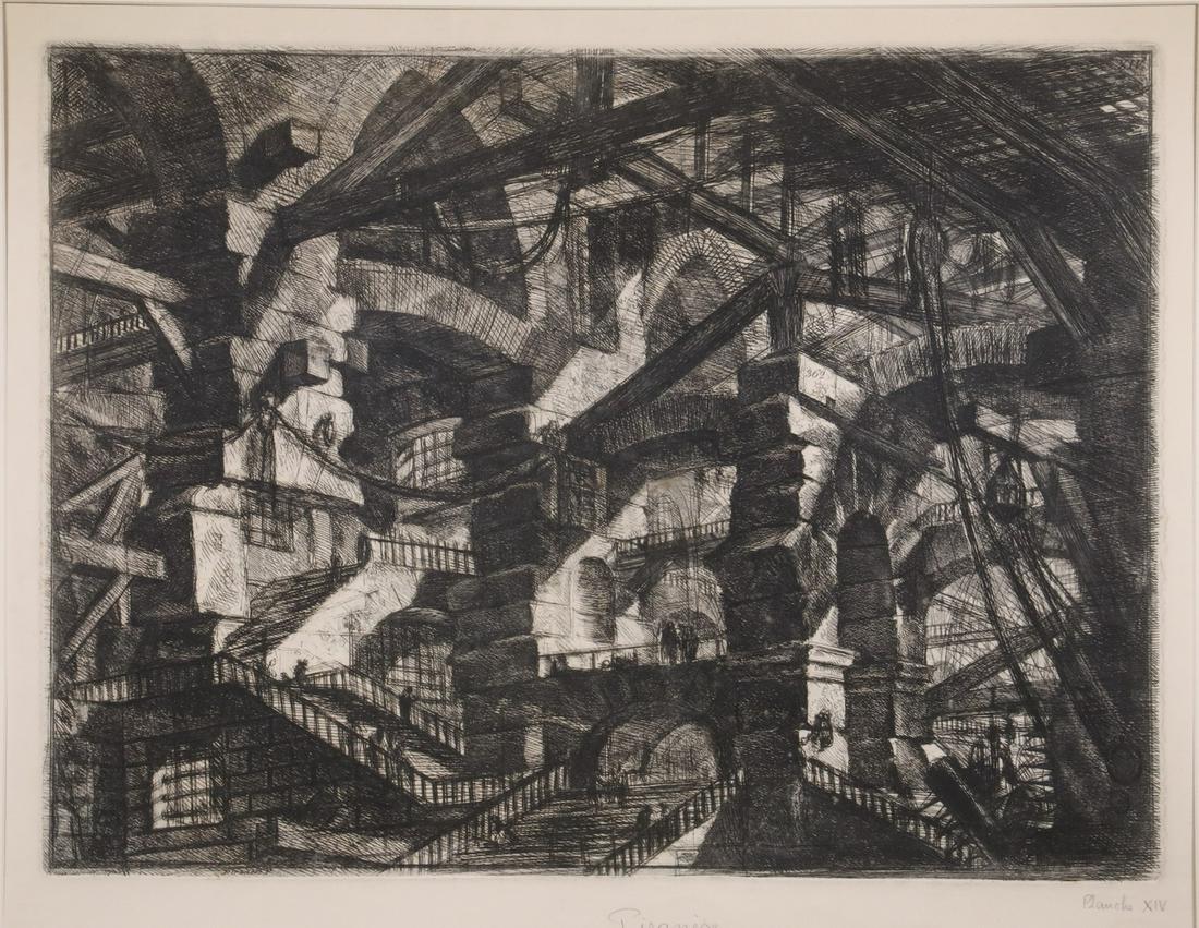 GIOVANNI BATTISTA PIRANESI (ITALY, 1720-1778): Full Sheet "Carceri d'Invenzione" or "Les Prisone imaginaires", Planche XIV, etching with engraving, posthumous edition, Firman-Didot, 1835-39. Unframed, matted and shrinkwrapped. 16" x 21 1/2" impres
