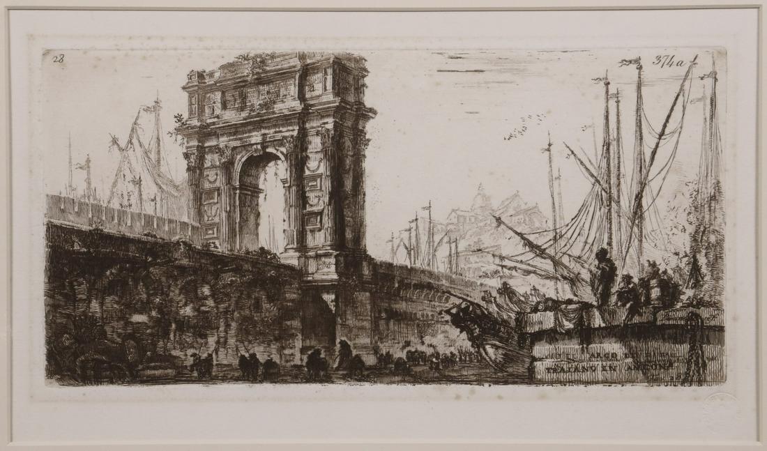 GIOVANNI BATTISTA PIRANESI (ITALY, 1720-1778): Quarter Sheet "Trajan's Arch at Ancona", (Regia Calcografia edition, Rome, 1870-1945), unframed, matted and shrinkwrapped, 5 3/8" x 10 3/4" impression. Light foxing.