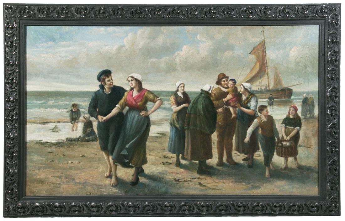 HENRI JACQUES BOURCE (BELGIUM, 1826-1899): "De aankomst van de vissers" (The Arrival of the Fishermen). oil on canvas, signed lower left, depicting the men with their families on the beach, their boat behind, in modern pewter colored carved fr