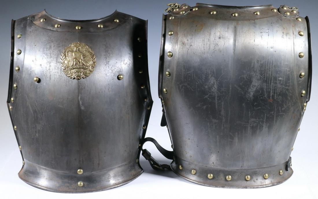VINTAGE FRENCH CAVALRY CUIRASSIER BREASTPLATE ARMOR: Steel Armor with brass rivets and woven wire leather strap guards, Imperial eagle in raised brass center front, engraved along lower lip of front by the Klingenthal Royal Armory, dated 1853, the back 