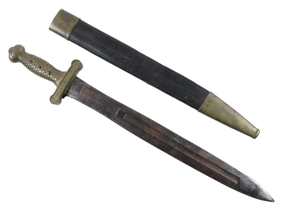 DATED 1834 US ARMY ARTILLERY OFFICER'S SWORD WITH: US Army Model 1832 Foot Artillery Sword by Ames, Springfield, Mass., dated 1834, from the Thomas Tileston of Boston family, with standard brass handle having Eagle pommel, original black leather scabb